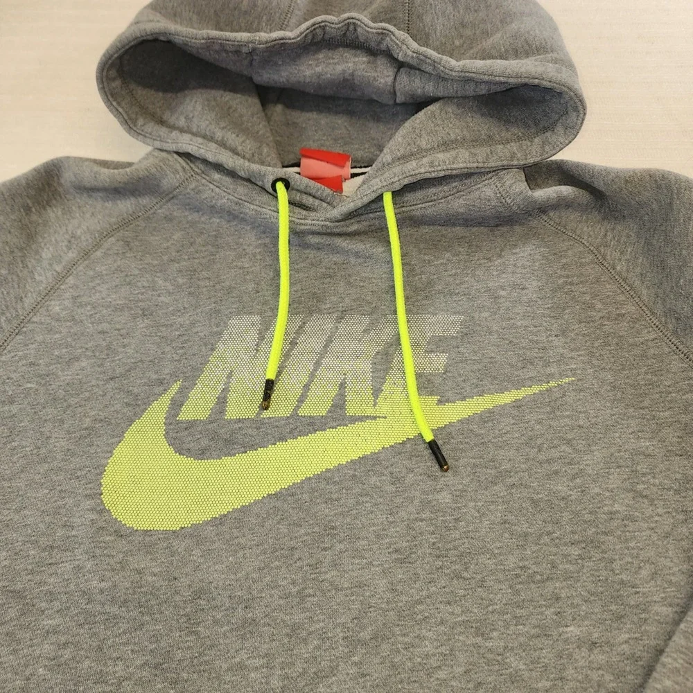 Nike Mens‎ Hoodie Gray Neon Green Logo Pullover Sweatshirt Large RN56323 677